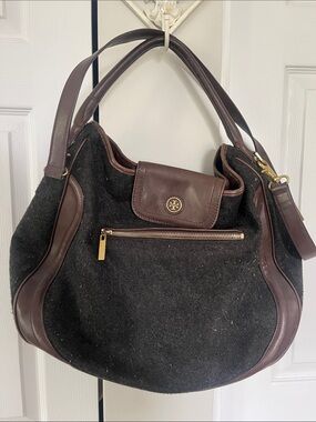 Tory Burch Black Wool Shoulder Hobo with Brown Leather Trim